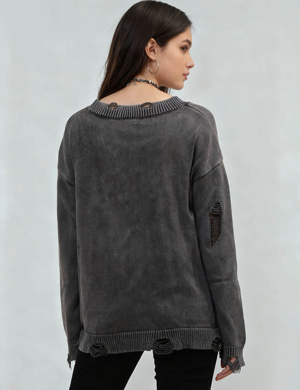 Ladies V-neck Washed Distressed Buttons Pocket Cardigan SKT4714