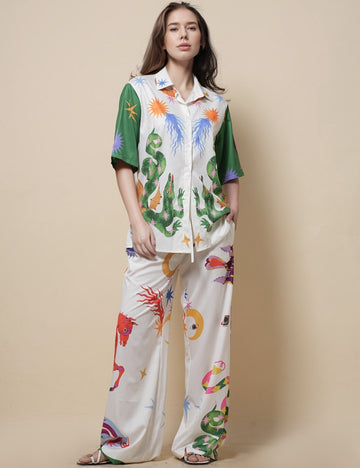 Ladies Turndown Collar Print Top & Pants 2PCS Set SKST51249