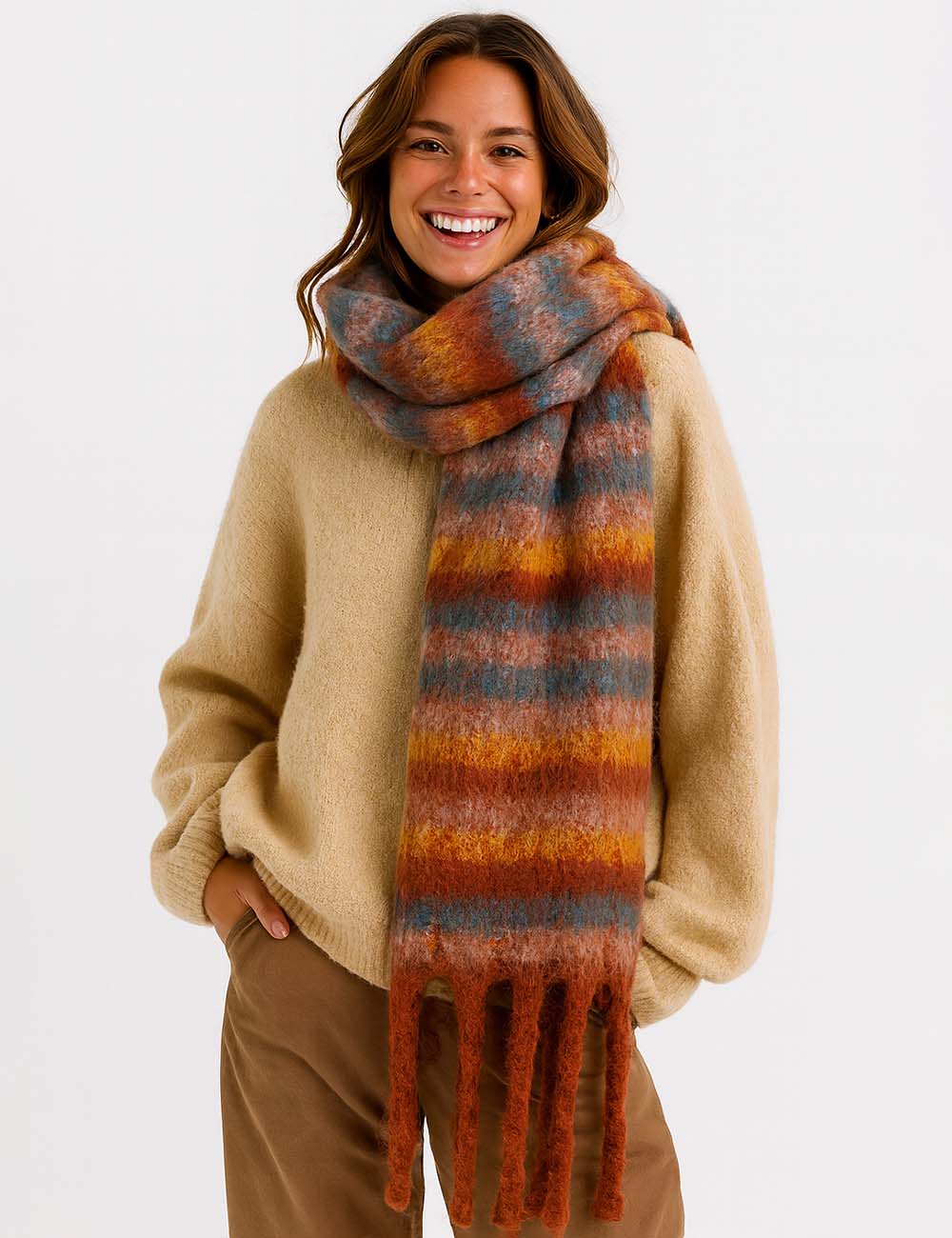 Ladies Warm Multi Color Striped Fringe Shawl Knit Scarf