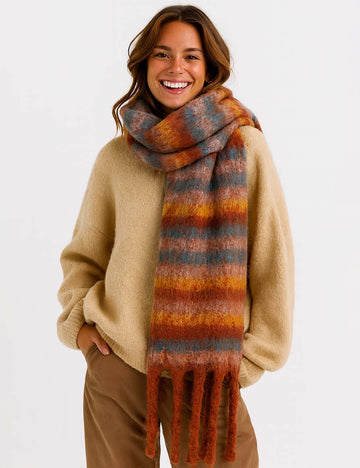 Ladies Warm Multi Color Striped Fringe Shawl Knit Scarf