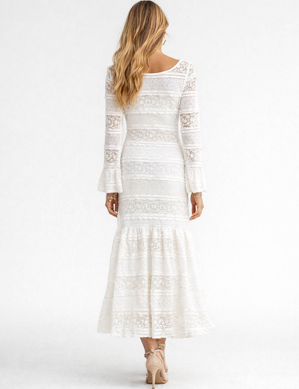 Ladies Lace Round Neck Flared Sleeves Bodycon Maxi Dress