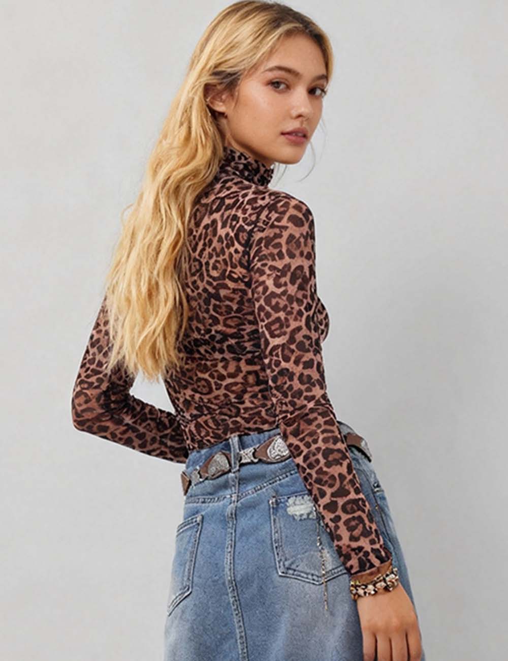 Ladies Leopard Soft Mesh Layring Up Top Blouse SKT4796