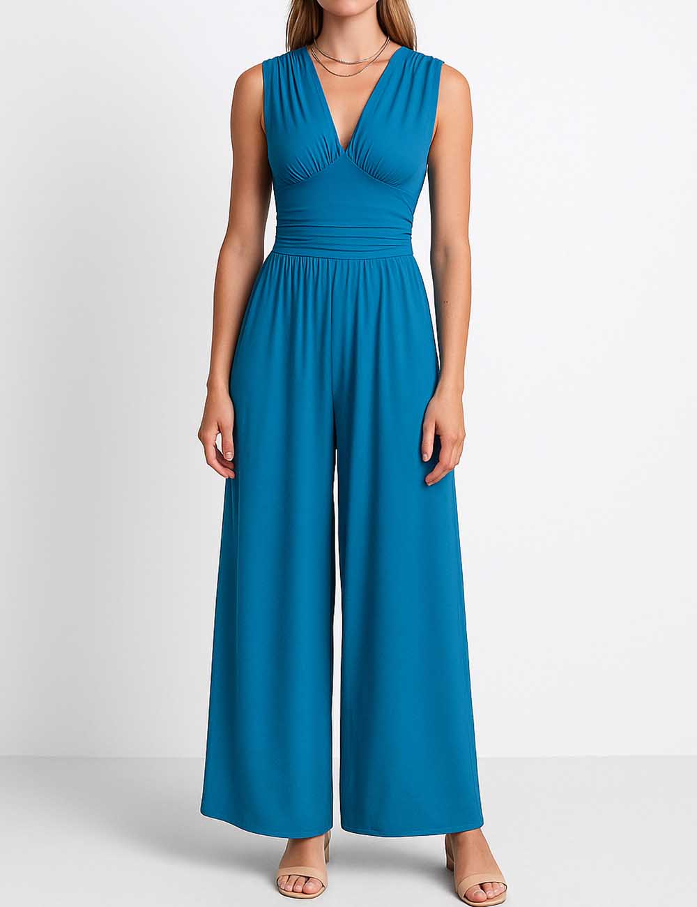 Ladies Ruched Deep V-Neck Sleeveless Wide Leg Jumpsuit – SWEETKAMA