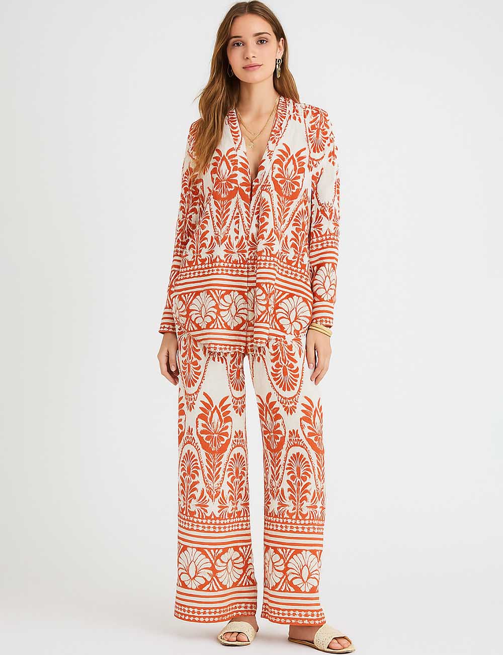 Women Bohemia Print Cozy Shirt Pants 2PCS Set