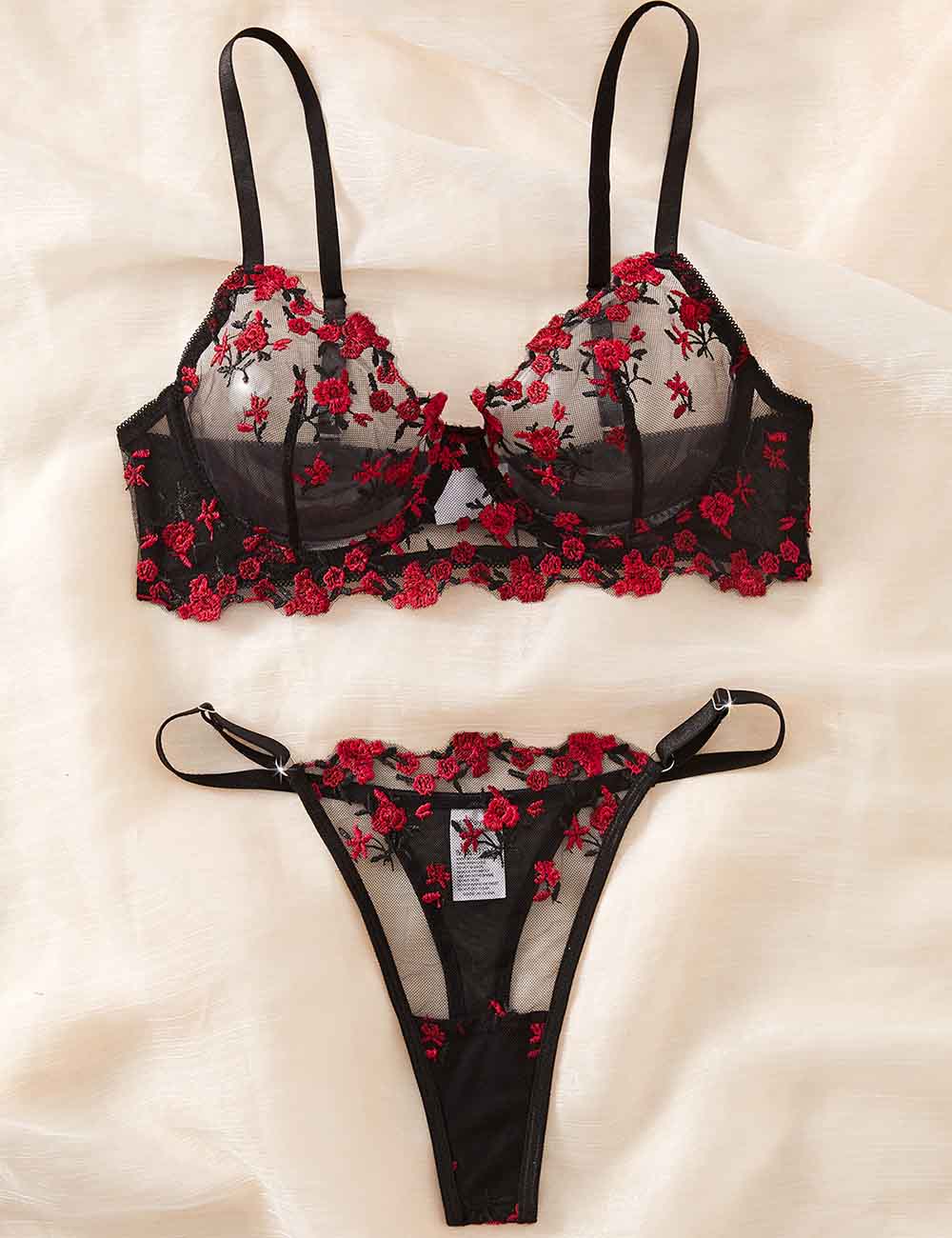 Ladies Sexy Sheer Floral Embroidery Thong 2PCS Lingerie Set