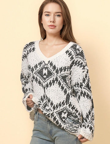 Ladies Color Block Totem Bohemia V-Neck Sweater SKT4849