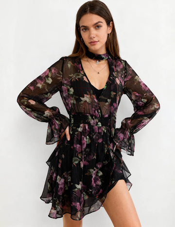 Ladies Floral Chiffon V-Neck Flared Sleeves Mini Dress