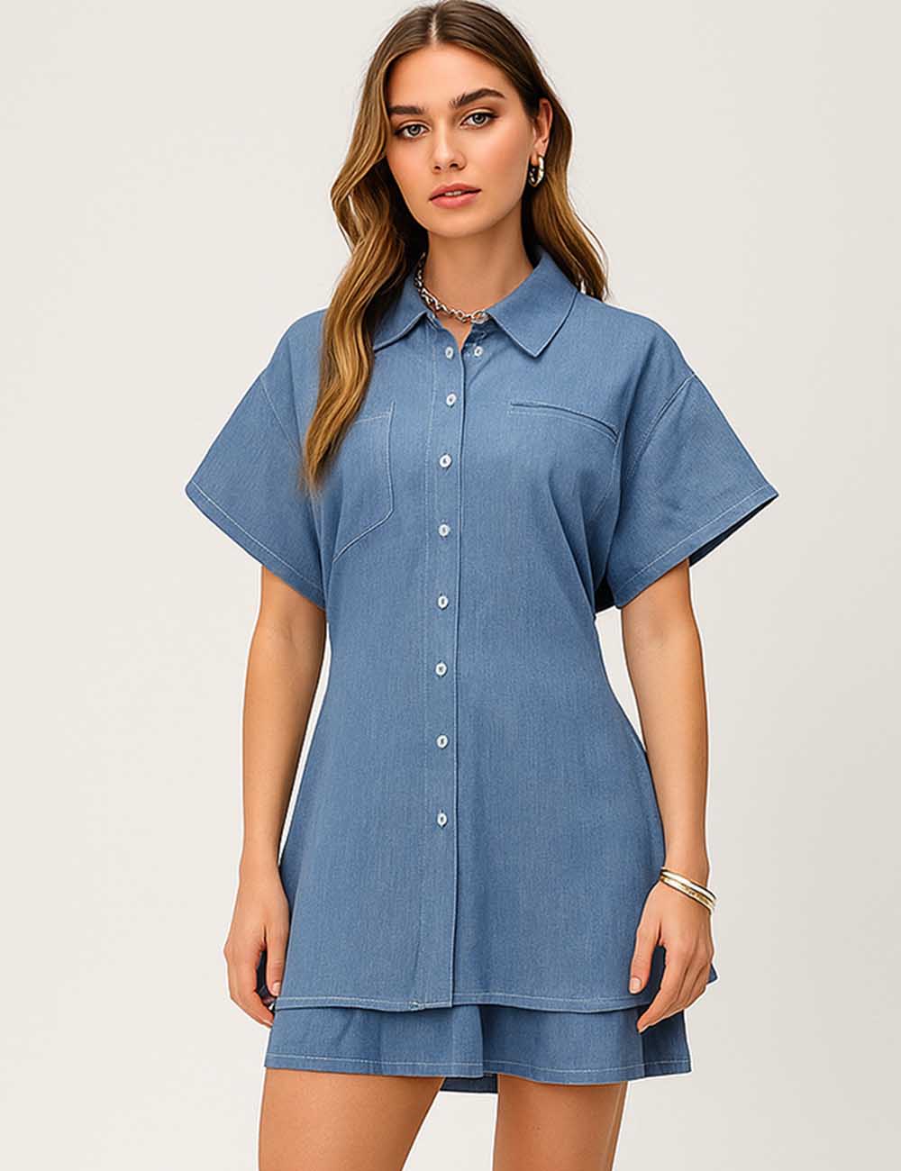Ladies Turn Down Collar Denim Shirt & Skort 2PCS Set