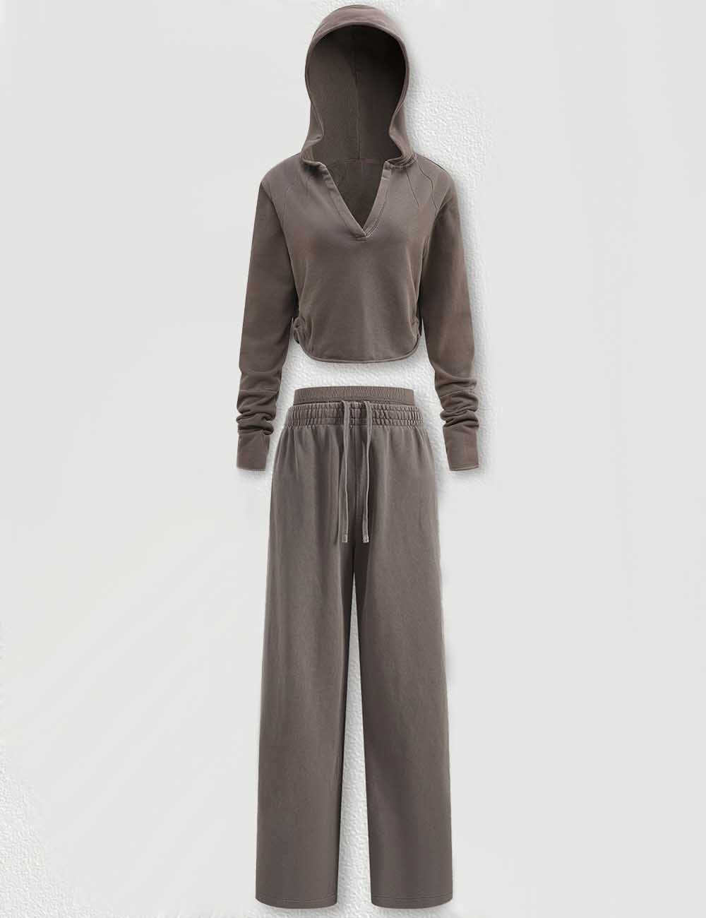 Ladies V-Neck Hooded Wide Leg Sweatshirt & Pants 2PCS Set