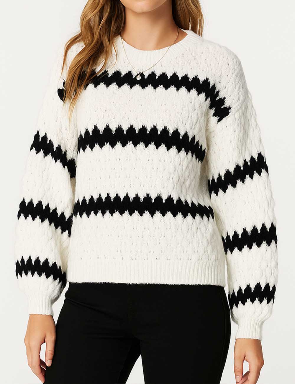 Ladies Color Block Cable Zigzag Striped Puff Sleeves Sweater Top