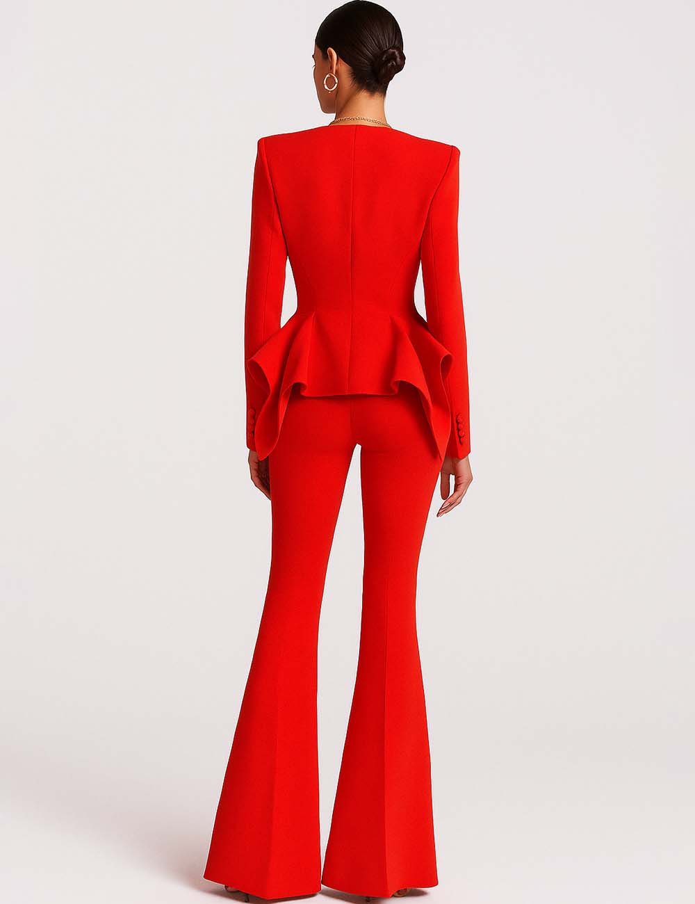 Ladies Solid Color Ruffle Double-Breasted 2PCS Suit