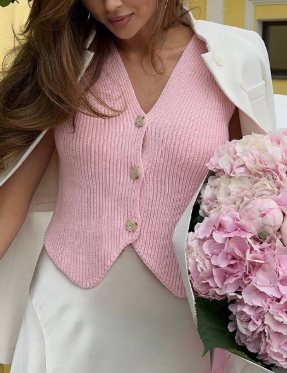 Ladies V-Neck Botton Open Sweater Vest SKT41065