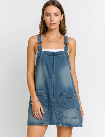 Ladies Pocket Denim Mini Overall Dress SKD549
