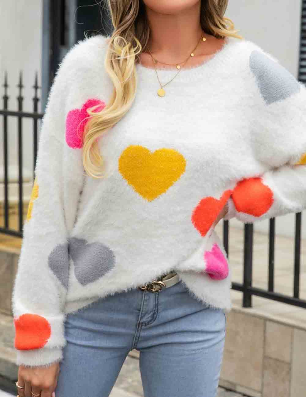 Ladies Multi Color Heart Print Round Collar Knit Sweater