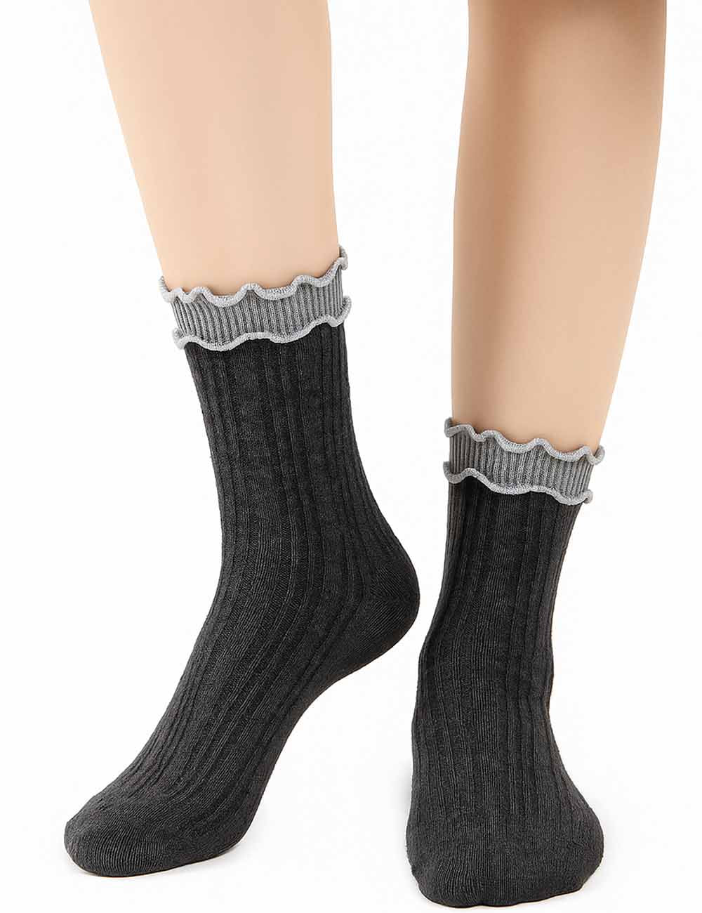Ladies Cozy Color Block Lettuce Edge Cuff Midi Calf Socks
