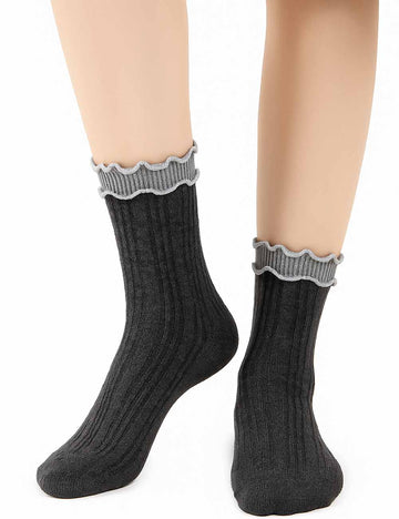 Ladies Cozy Color Block Lettuce Edge Cuff Midi Calf Socks