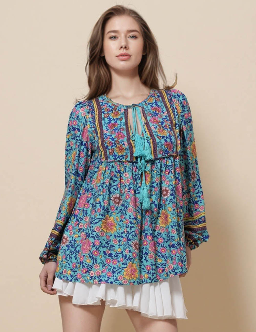 Ladies V-Neck Long Sleeves Floral Print Blouse SKT51165