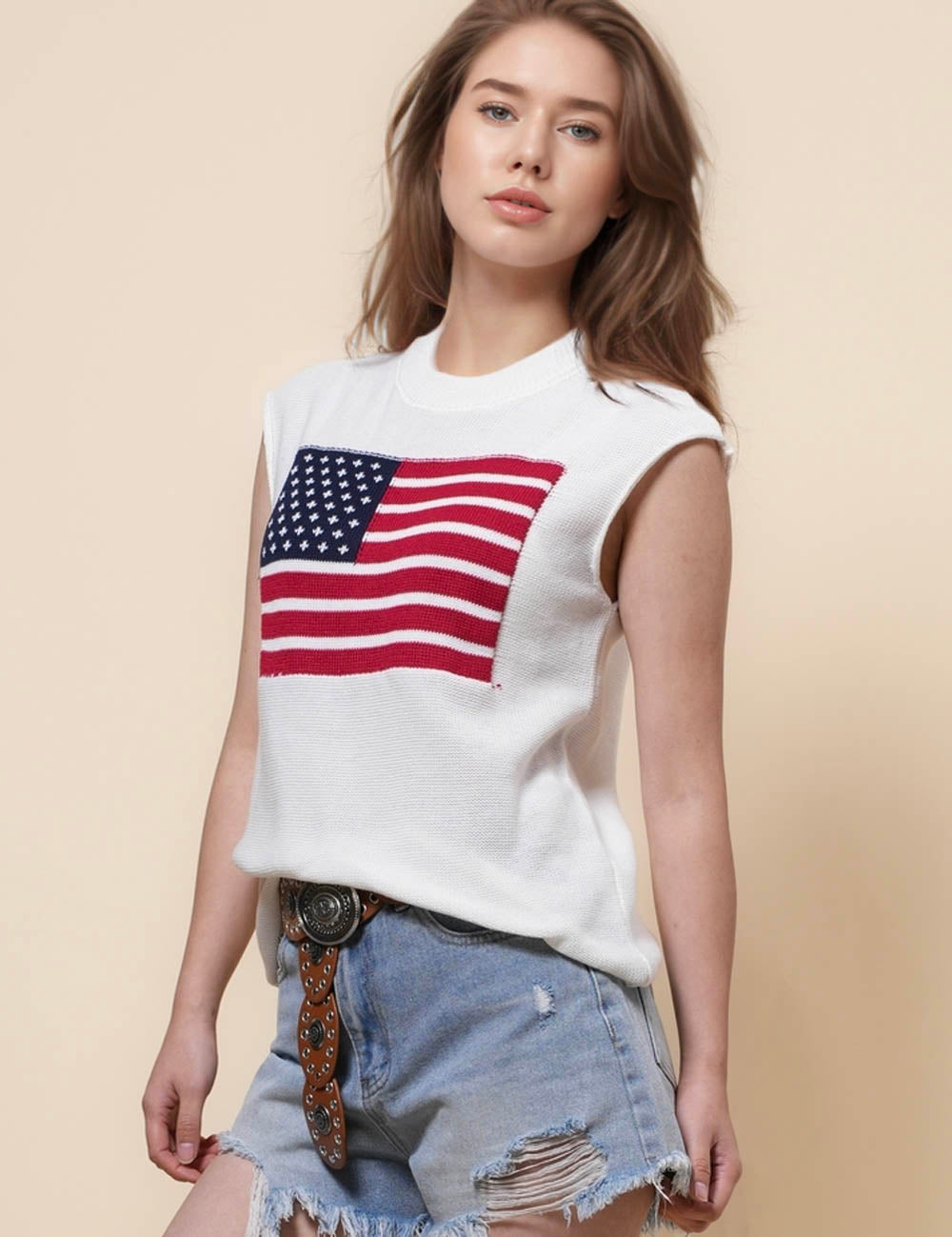 Ladies Flag Sleeveless Knit Sweater Vest SKT41244