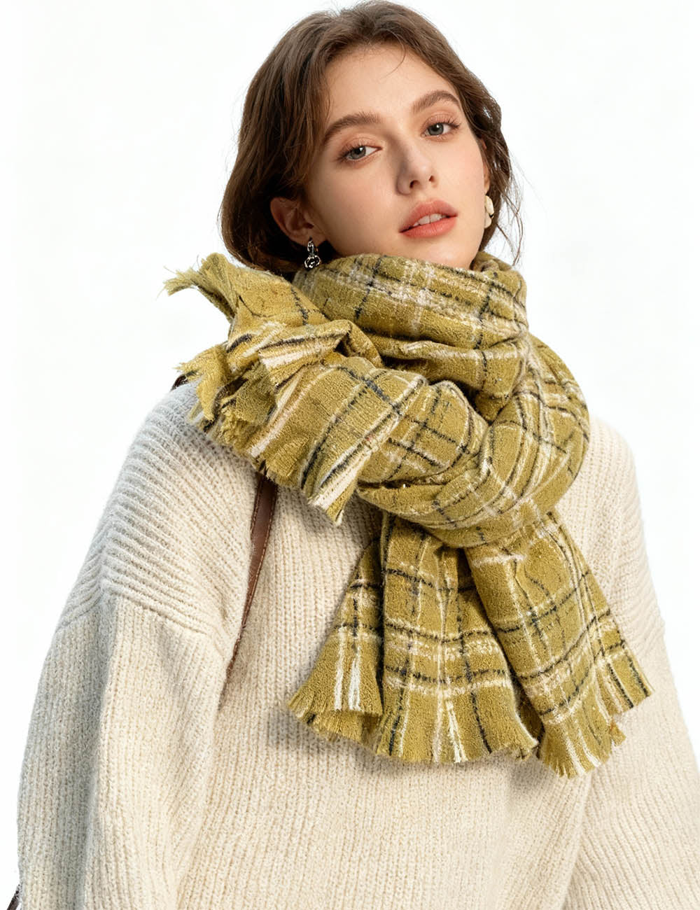 Ladies Checked  Cozy Oblong Knit Tassel Scarf