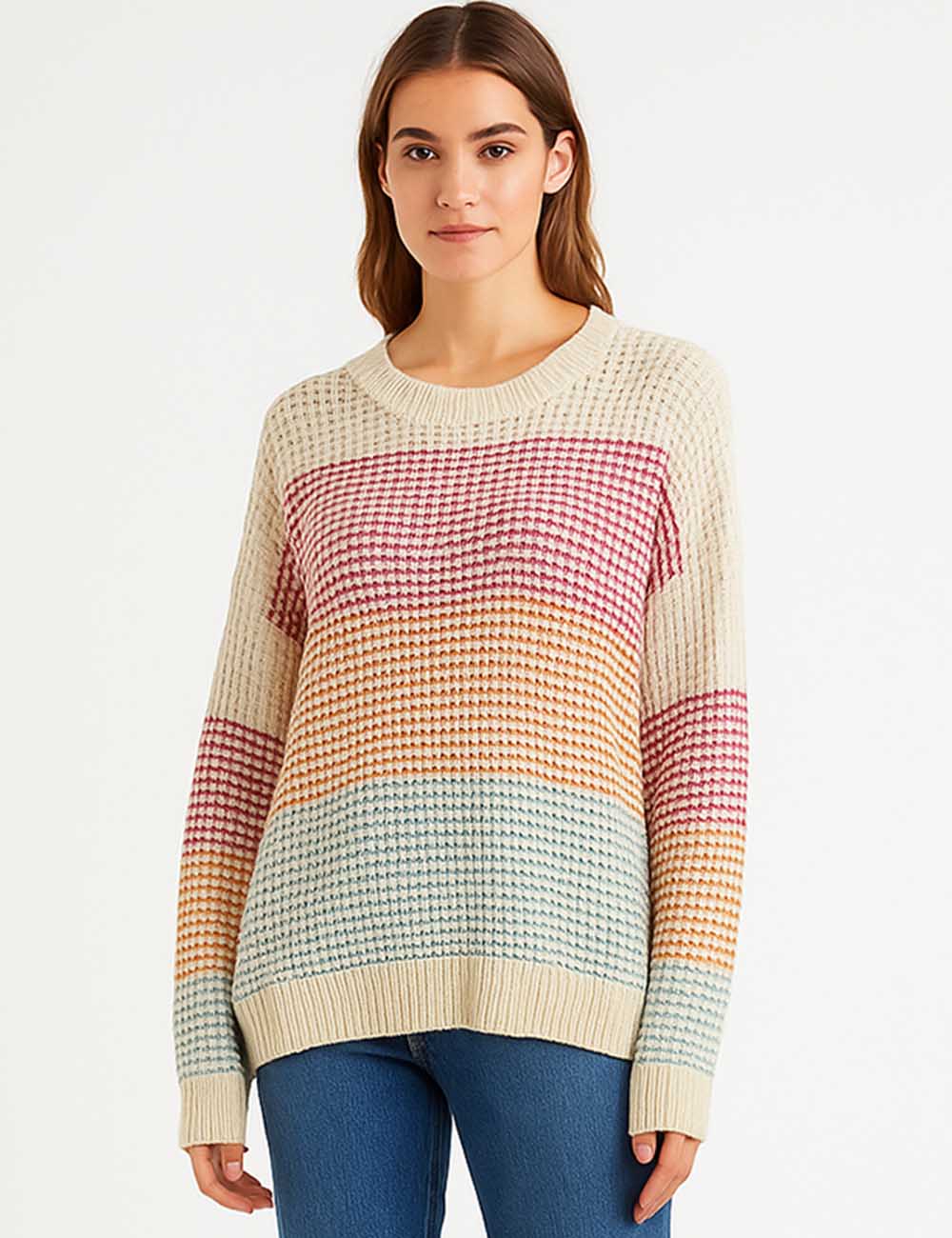 Ladies Multi Color Round Collar Long Sleeves Knit Sweater