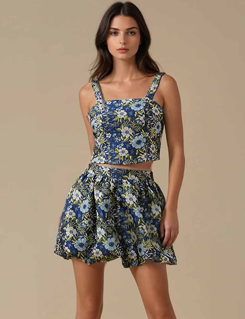 Ladies Multicolor Floral Pattern Sleeves Puff Tank Top & Skirt Set