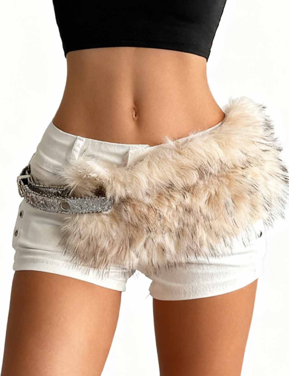 Ladies Fluffy Plush Rhinestone Cincher Faux Fur Waist Belt