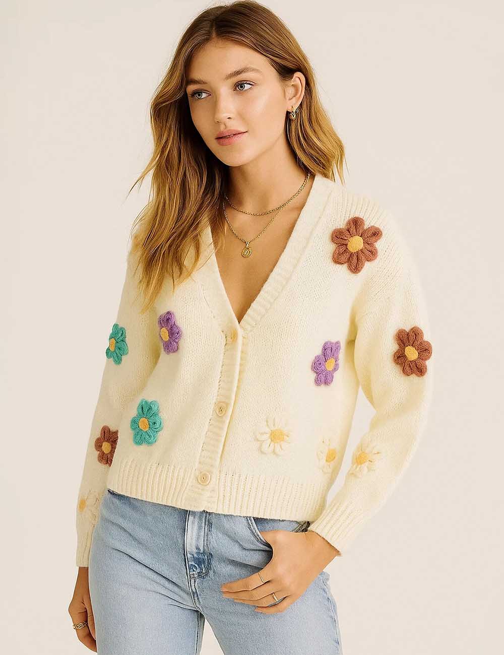 Ladies V-Neck 3D Flower Crochet Button Front Knit Cardigan