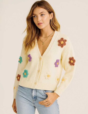 Ladies V-Neck 3D Flower Crochet Button Front Knit Cardigan