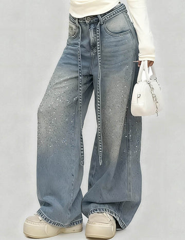 Ladies Vintage Rhinestone Jeans Fleece Lining Denim Pants