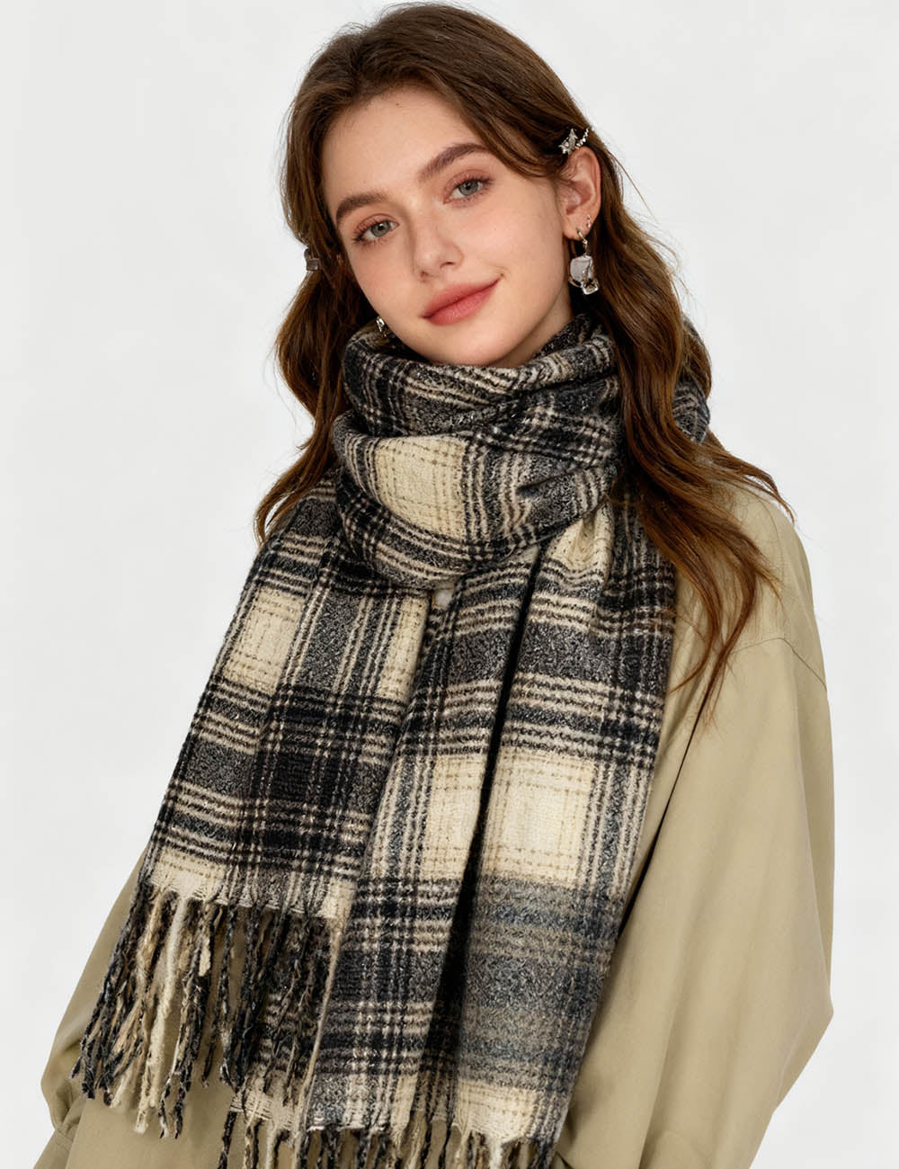 Ladies Warm Winter Plaid Tassel Knit Scarf