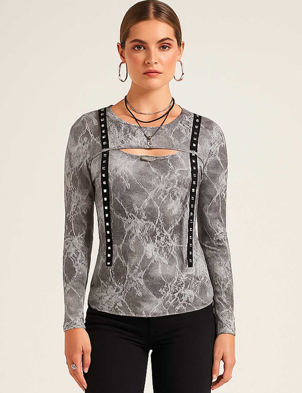 Ladies Sexy Lace Print Cut Out Studded Strap Top