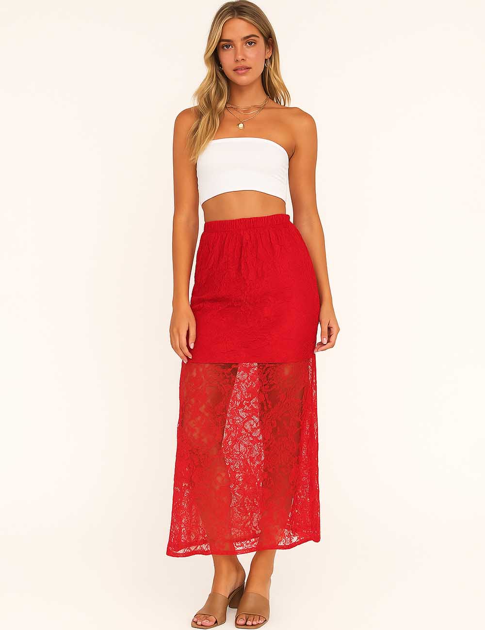 SKSKX26 Ladies Lace Embroidery High Waist Midi Skirt