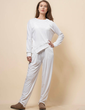 Ladies Solid Color Inregular Hem Top Pants Set SKST41126