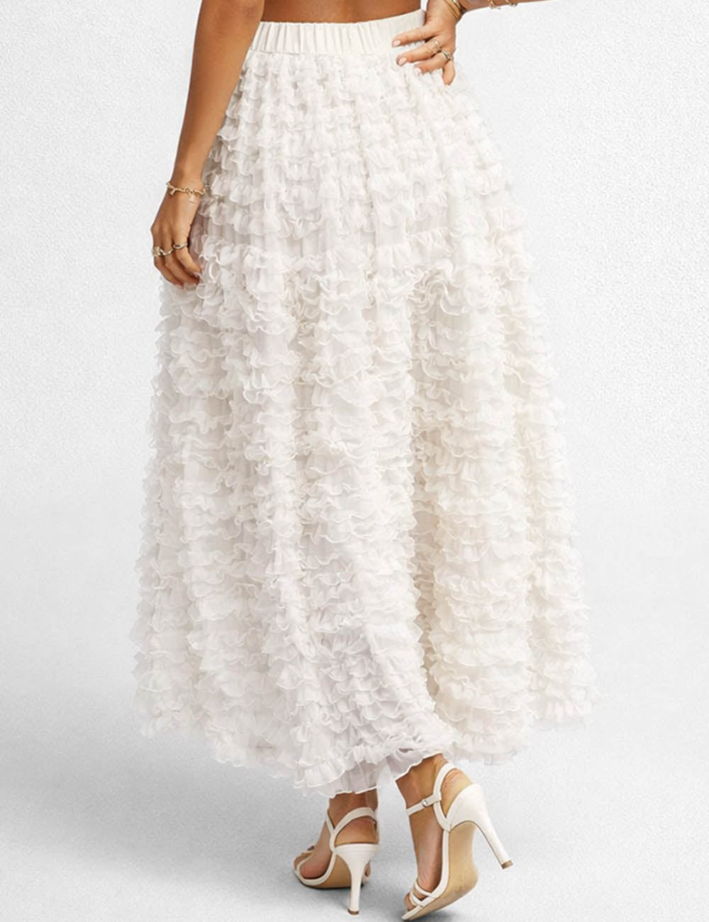 Ladies Elastic Waist Tiered Ruffle Gathered Mesh Maxi Skirt