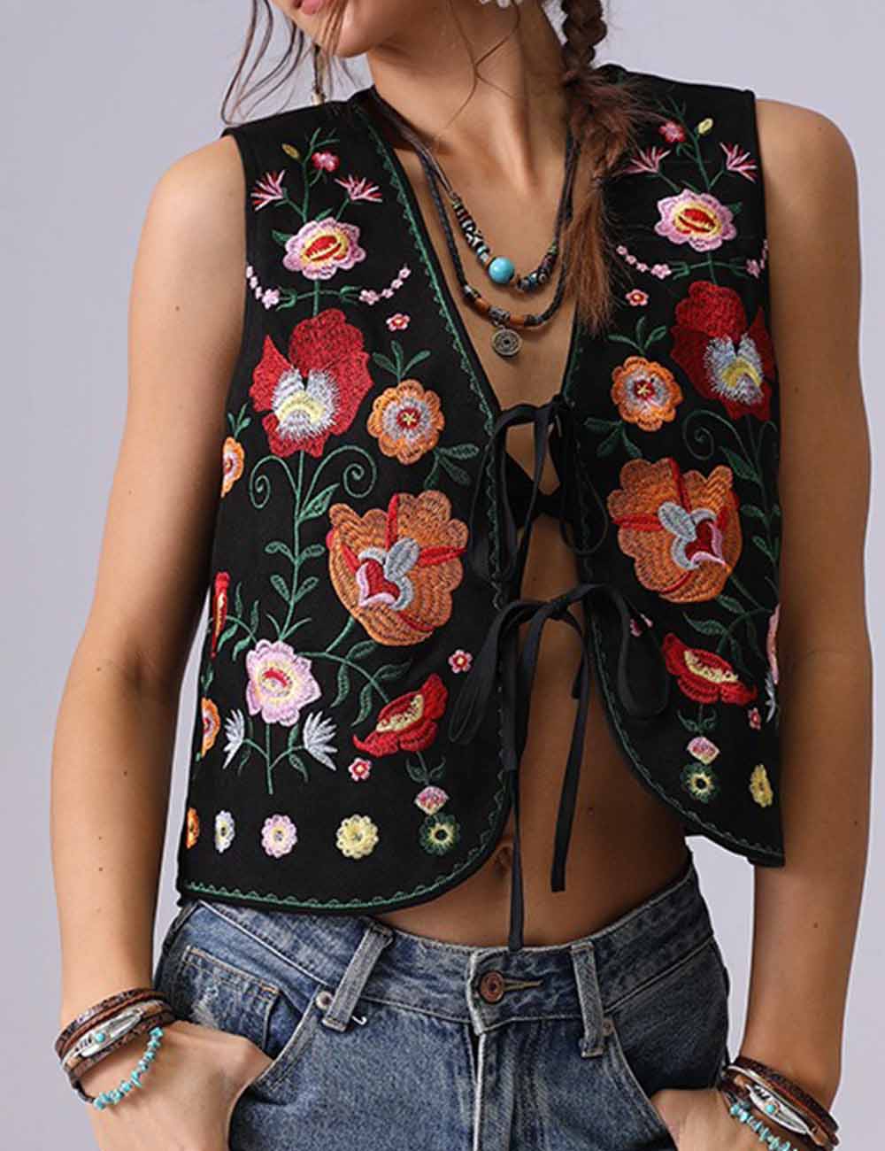 Ladies Floral Embroidery String Tie Sleeveless Vest Top