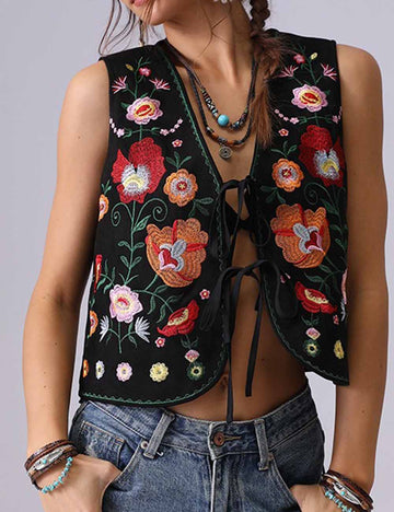 Ladies Floral Embroidery String Tie Sleeveless Vest Top
