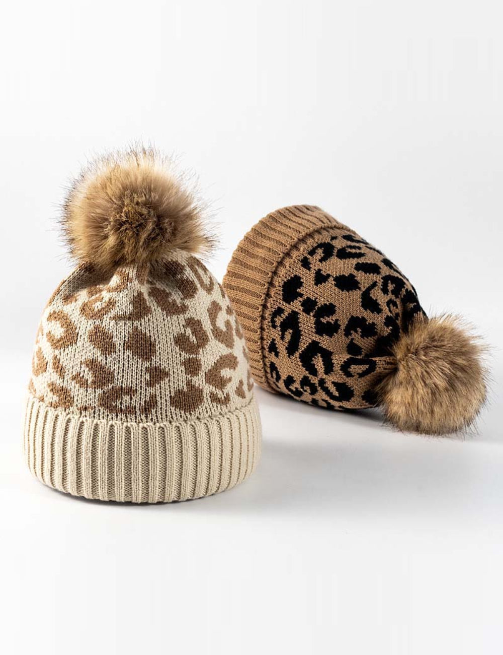 Ladies Leopard Knit Faux Mink Ball Knit Hat SKAH4211