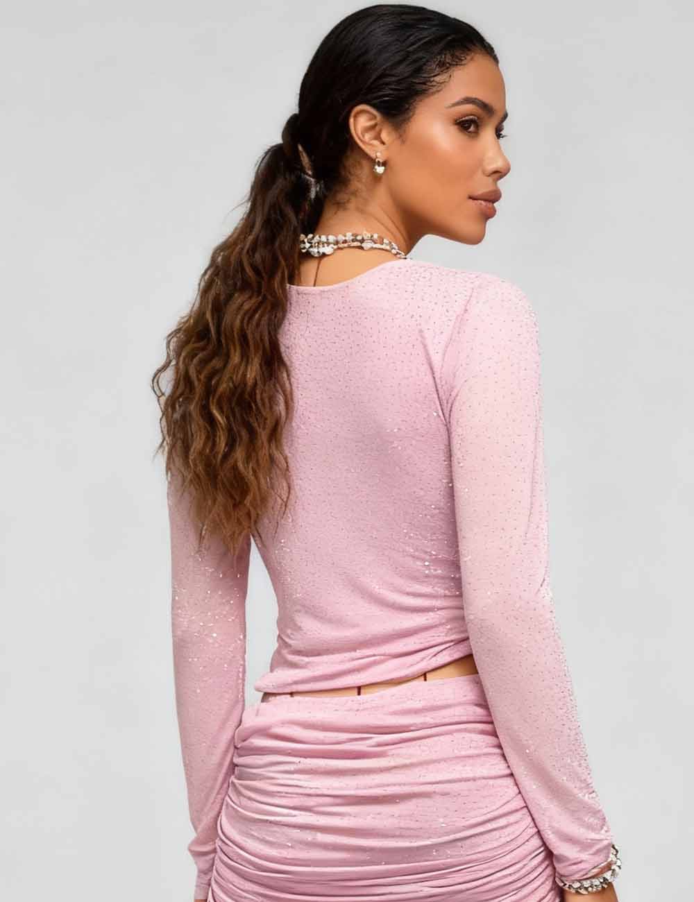 Ladies Cowl Neck Ruched Mesh Sheer Rhinestone Top