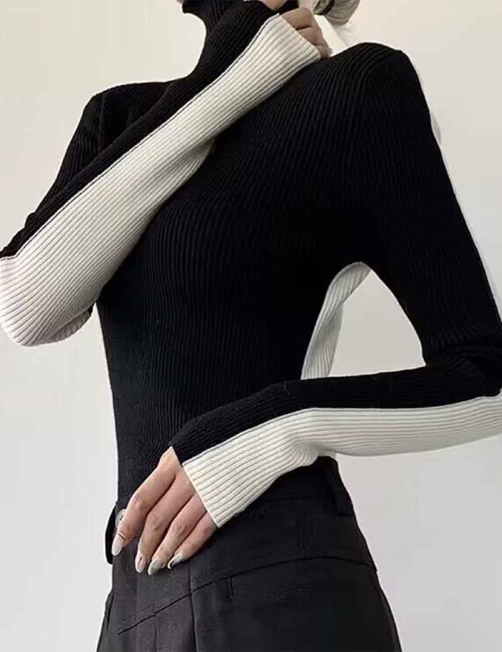 Ladies Color Block Turtleneck Long Sleeves Knit Layering Top  