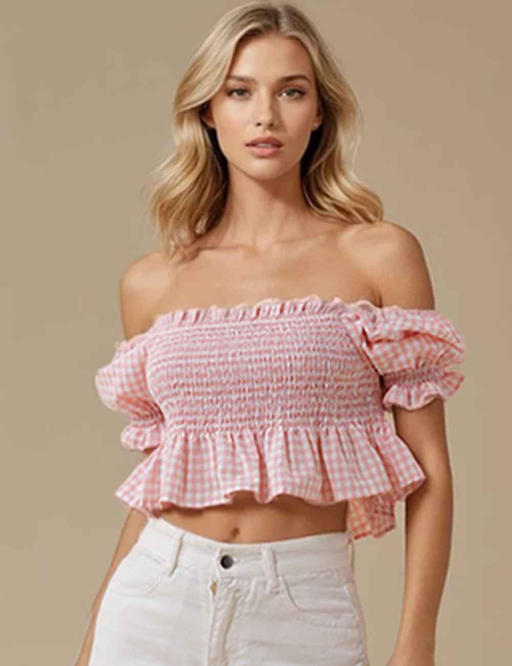 Ladies Square Neck Checked Ruffle Short Sleeves Cropped Top