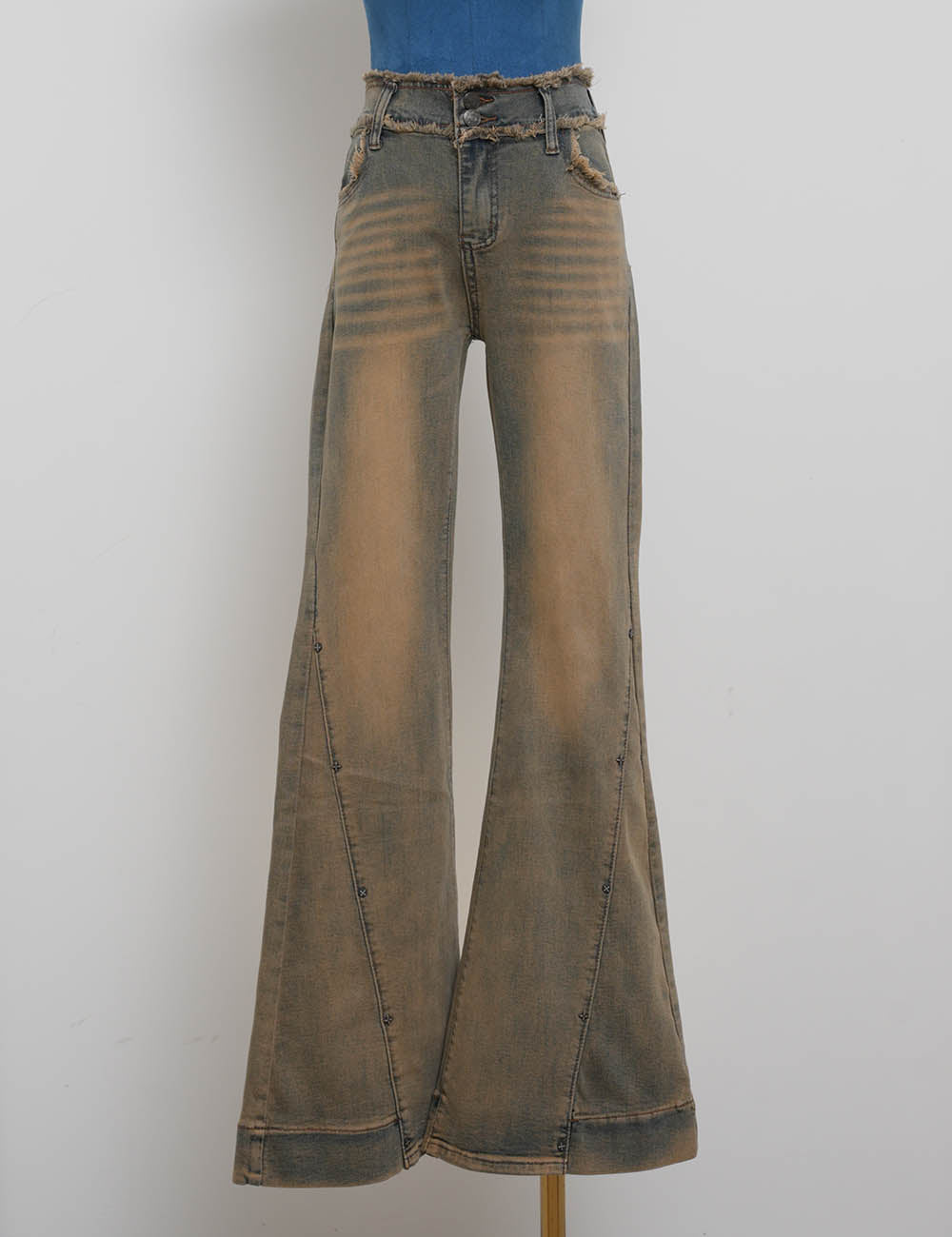 Ladies Vintage Raw-Edge Waist Flared Leg Denim Pants
