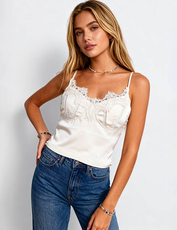 Ladies Satin Lace Sweetheart Neckline Cami Top