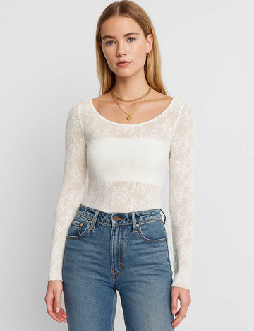 Ladies Lace See Sheer Long Sleeves Layering Top