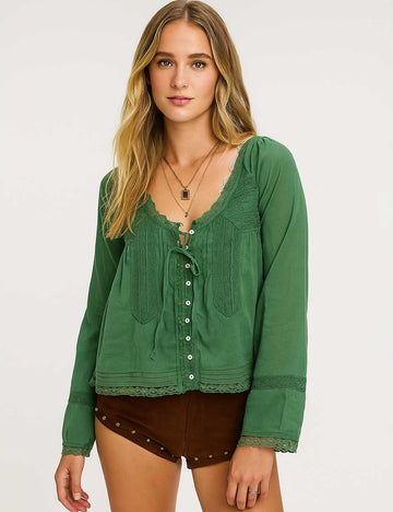 Ladies U-Neck Lace Splice Hollow Out Blouse Top