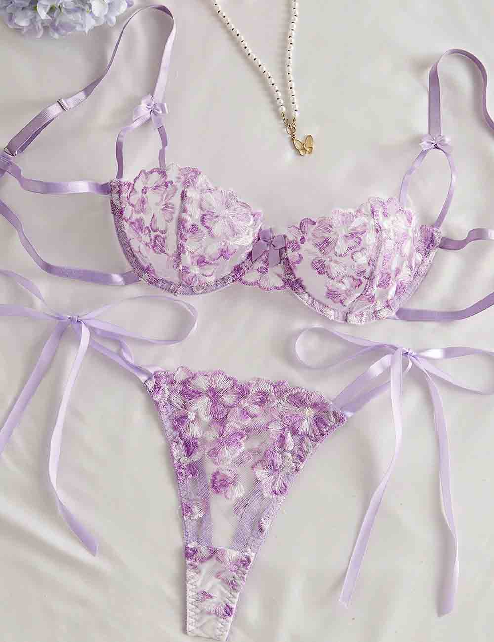 Ladies Floral Embroidery See Through 2PCS Lingerie Set 8XX0110