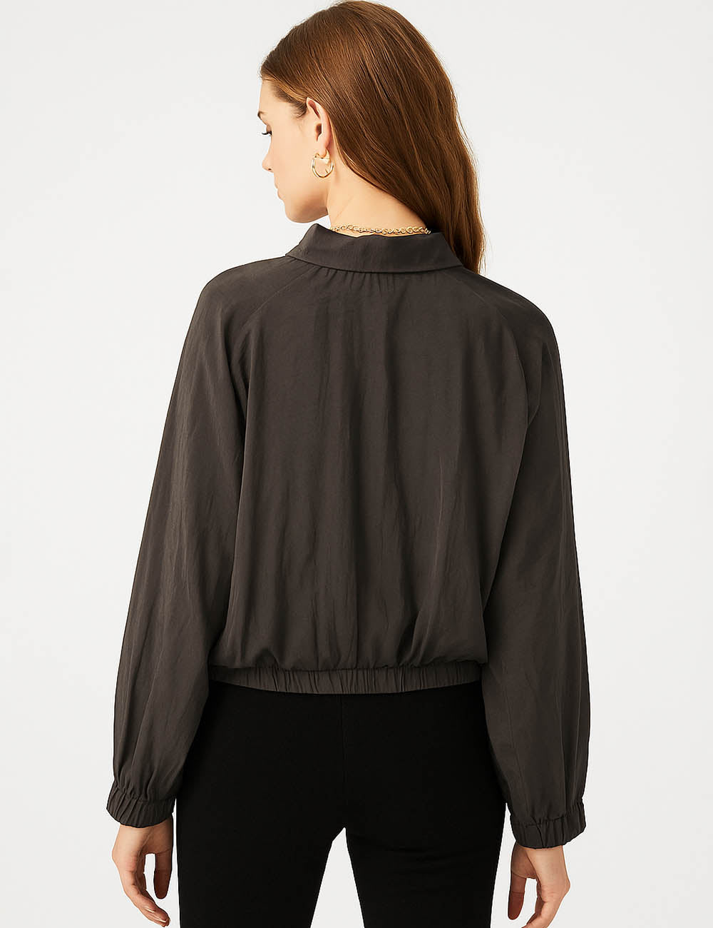 Ladies Stand Collar Long Sleeves Zipper Front Jacket
