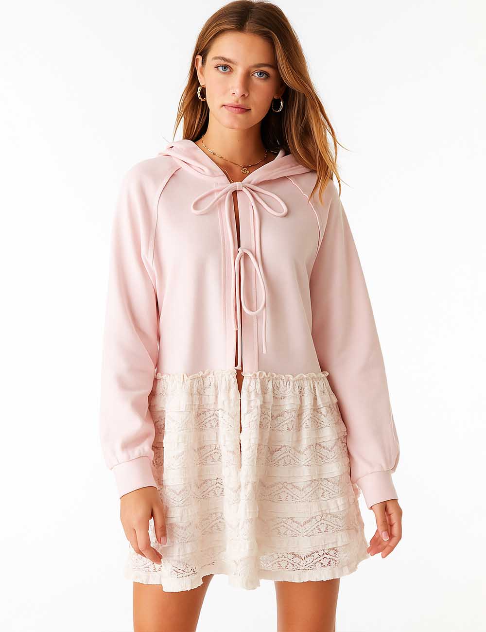 Ladies Lace Tiered Ruffled Tie Closure Hoodie Sweatshirt