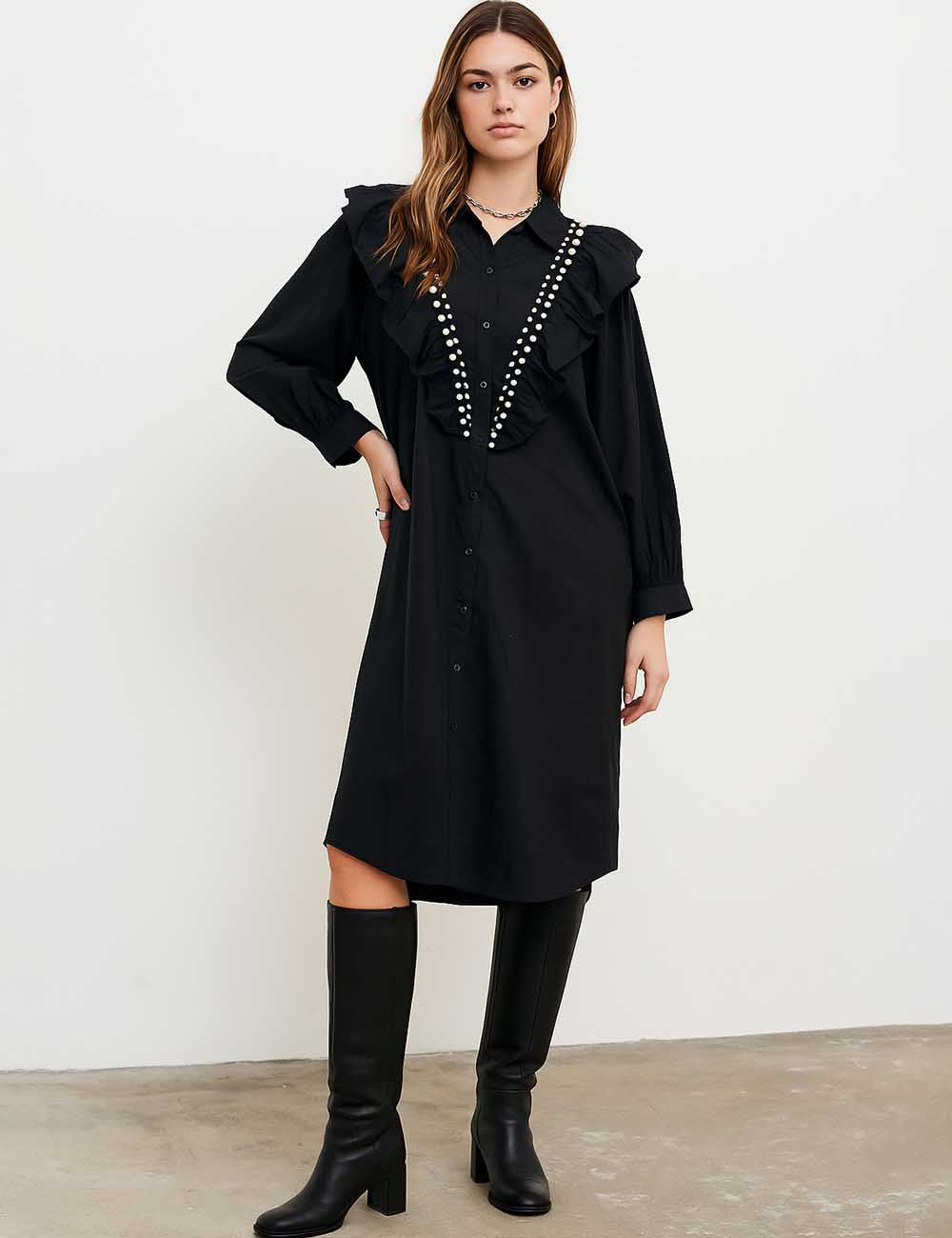 Ladies Pearl Beading V-Shaped Ruffle Trim Button Down Midi Dress
