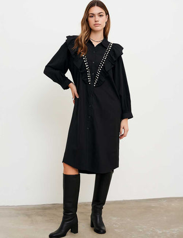 Ladies Pearl Beading V-Shaped Ruffle Trim Button Down Midi Dress