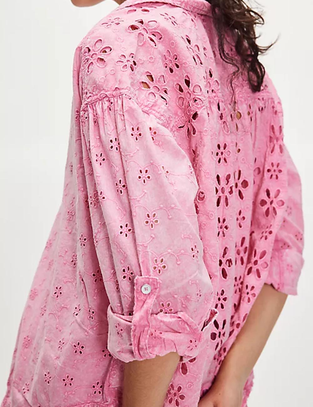 Ladies Solid Color Eyelets Long Sleeves Shirt